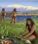  ?? Ella Maru/Tel Aviv University via AP ?? This illustrati­on depicts humans preparing fish on the shores of the ancient Lake Hula. A recent study found the oldest evidence of using fire to cook, dating back to 780,000 years ago.