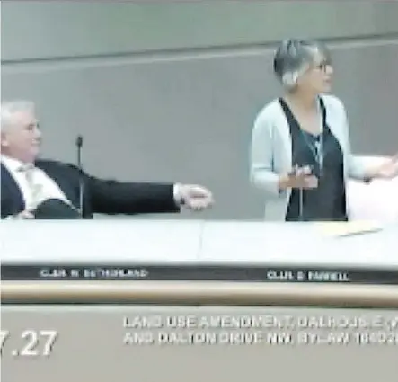  ??  ?? Coun. Ward Sutherland was captured on video making a gesture, above, which some colleagues believe was mimicking twisting a knife in the back of Coun. Druh Farrell, at a city council meeting May 8. A formal complaint was filed Friday asking the city’s...