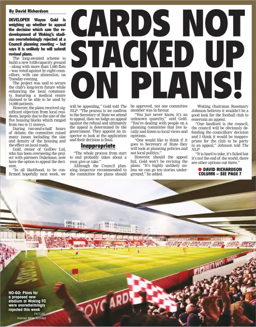  ?? PICTURE: Holmes Miller Architect ?? NO-GO: Plans for a proposed new stadium at Woking FC were overwhelmi­ngly rejected this week