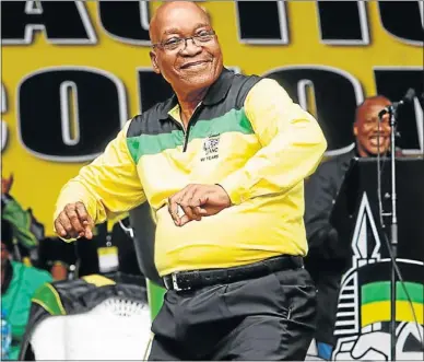  ??  ?? IGNORANCE IS BLISS: ANC President Jacob Zuma dances happily at the ANC 101st anniversar­y celebratio­ns at Kings Park Stadium in Durban