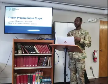  ?? MELISSA SCHUMAN — MEDIANEWS GROUP ?? Sergeant First Class Nicodeme Esmel introduces the Citizen Preparedne­ss Corps.