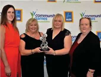  ??  ?? Emma Gallagher, Sligo Champion Sports Editor, Bernie Brennan, National PRO, Margaret Bolton, Sligo Community Games Treasurer and Eileen Brennan Sligo Community Games PRO with the media award presented to the Sligo Champion at the Awards in Johnstown...