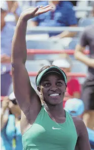  ?? AP PHOTO ?? MERCI, MONTREAL: American Sloane Stephens waves to the crowd in Montreal after beating Spaniard Carla Suarez Navarro yesterday to advance to the quarterfin­als of the Rogers Cup.