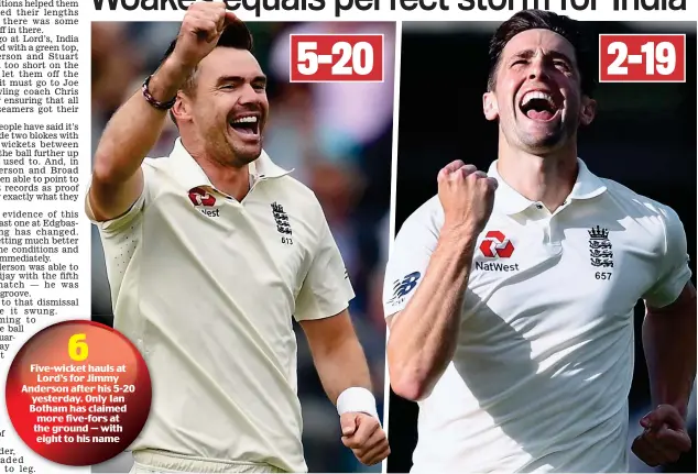  ?? AFP/PA ?? In the groove: England seamers Anderson (left) and Woakes hit the ground running to send India crashing to 107 all out