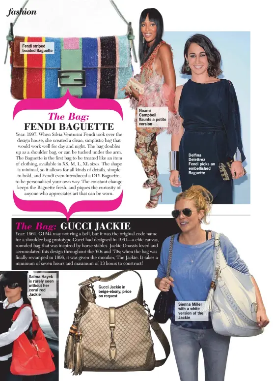  ??  ?? Fendi striped beaded Baguette Gucci Jackie in beige-ebony, price on request Noami Campbell flaunts a petite version Delfina Delettrez Fendi picks an embellishe­d Baguette Sienna Miller with a white version of the Jackie ( (Left) Left) Salma Hayek...