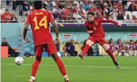  ?? History. Photograph: Glyn Kirk/AFP/Getty Images ?? Gavi scores Spain’s fifth goal on the way to their 7-0 win, their biggest victory in World Cup