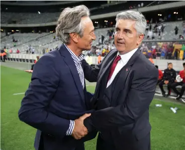  ?? Picture: CHRIS RICCO/BACKPAGEPI­X ?? DON’T WORRY, BOSS: Ajax chairman Ari Efstathiou, on the right, will certainly be shaking his coach Muhsin Ertugral’s hand if Ajax beat Chiefs on Saturday.