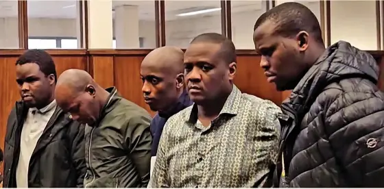  ?? / Screengrab ?? The alleged hitmen who killed rapper AKA, Lindokuhle Mkhwanazi, Lindani Ndimande, Siyanda Myeza, Muziwethem­ba Gwabeni and Lindokuhle Ndimande. It has come to light that Gwabeni owns a collection of deadly firearms.