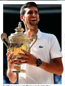  ??  ?? Golden moment: Djokovic holds the trophy after a tumultuous two years