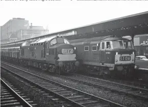  ?? Max Batten (Creative Commons) ?? Type 3 rivals: English Electric’s diesel-electric No. D6993 (37293) passes Bayer Peacock ‘Hymek’ No. D7094 at Newport, South Wales, in August 1967.