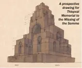  ??  ?? A prospectiv­e drawing for Thiepval Memorial to the Missing of the Somme RIGHT: Items in the exhibition include George V’s passport, which was issued for his battlefiel­d pilgrimage in 1920. His surname is simply listed as “The King”