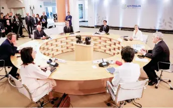  ?? — AFP photo ?? Cameron (left), Borrell (third left), Blinken (fourth left), French Foreign Minister Stephane Sejourne (fourth right), Canadian Minister of Foreign Affairs Melanie Joly (second right), Antonio Tajani (right), Japanese Foreign Minister Yoko Kamikawa (third right) and Baerbock (second left) attending the G7 foreign ministers meeting on Capri island.