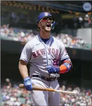  ?? JEFF CHIU/THE ASSOCIATED PRESS ?? New York Mets’ Pete Alonso reacts after striking out in the second inning of Wednesday’s game against the San Francisco Giants in San Francisco.