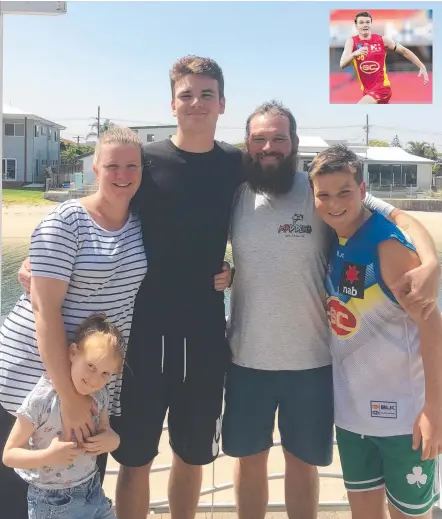  ?? Picture: SUPPLIED ?? The Graham family at their Palm Beach house on the Gold Coast (from left) Mila, 5, mother Mia, Gold Coast Suns draftee Caleb, 18, father Clinton and Wil, 14, and (inset) Caleb in action.