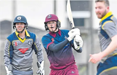  ?? ?? NICE SHOT: Forfarshir­e’s Michael Leask finds a gap in the field to score a run off the bowling of Joe Kinghorn-gray.