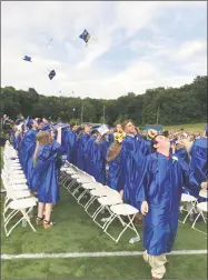  ?? Jeff Mill / Hearst Connecticu­t Media ?? Graduates fling their mortar boards toward the sky on Friday evening at Coginchaug.