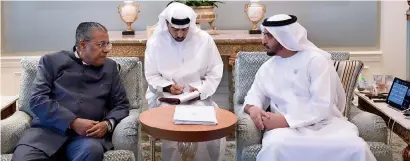  ?? Wam ?? Pinarai Vijayan with Sheikh Hamdan bin Zayed Al Nahyan during their meeting at Al Nakheel Palace in Abu Dhabi on Wednesday. —