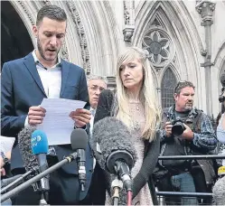  ?? Picture: PA. ?? Chris Gard and Connie Yates speak to the media outside the High Court in London after they ended their legal fight over treatment for their terminally-ill son.