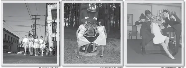  ?? RAY ALLAN/ VANCOUVER SUN FILES
GEORGE DIACK/ VANCOUVER SUN FILES
DAVE BUCHAN/ VANCOUVER SUN FILES ?? Judy Taylor, Moira Doig and others model Ya Ya skirts on Hastings Street in this Jan. 20, 1962, photo. New spring styles are modelled at the totem poles in Stanley Park on March 18, 1966. Models get into the spirit of things in this Dec. 21, 1967,...