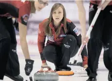  ?? ANDREW VAUGHAN/THE CANADIAN PRESS ?? Canada skip Rachel Homan delivers a rock against Switzerlan­d Sunday. The plucky Swiss rink won 9-5.