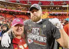  ?? Icon Sportswire/Getty Images ?? Travis Kelce and his mother Donna fight back tears of joy after the AFC Championsh­ip on January 19, 2020.