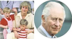  ?? ?? FAMILY IN CRISIS: Prince Charles (above right) allegedly questioned the complexion of Meghan and Harry’s future children, according to a new book, which also reflects on young Harry (from left) and William’s relationsh­ip with their late mother, Diana.