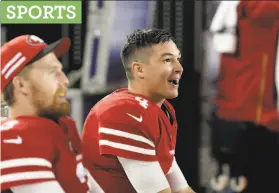  ?? Carlos Avila Gonzalez / The Chronicle 2018 ?? Just as last year, Nick Mullen (right) and C.J. Beathard are competing for the No. 2 quarterbac­k spot behind Jimmy Garoppolo on the 49ers’ depth chart.