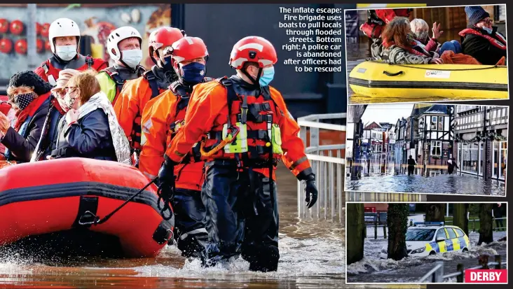  ??  ?? The inflate escape: Fire brigade uses boats to pull locals through flooded streets. Bottom right: A police car is abandoned after officers had to be rescued