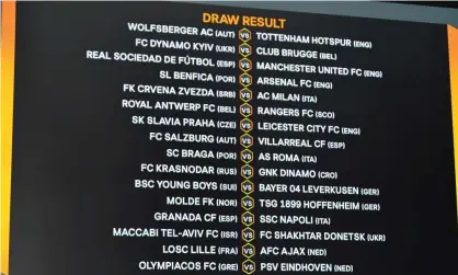  ??  ?? The Europa League draw in full, with Real Sociedad v Manchester United, Benfica v Arsenal and Lille v Ajax the most intriguing matchups. Photograph: Harold Cunningham/Uefa handout/EPA