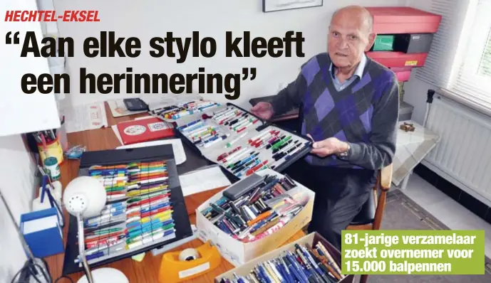  ?? FOTO GVB ?? Mathias Bloemen uit Hechtel begon 25 jaar geleden aan zijn verzamelin­g. Intussen heeft hij 15.000 balpennen in zijn woning gestockeer­d.