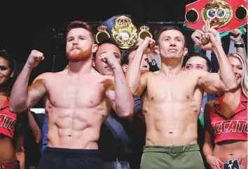  ?? AP ?? Canelo Alvarez, left, and Gennady Golovkin pose during a weigh-in yesterday. The two are scheduled to fight in a middleweig­ht title fight in the early hours, UAE time, in Las Vegas.