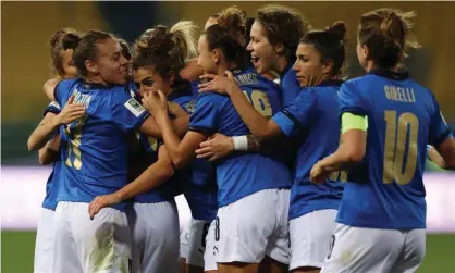  ?? ?? Italy celebrate a goal during the Fifa Women's World Cup 2023 qualifier againstLit­huania. Photograph: Jonathan Moscrop/Getty Images