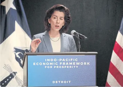  ?? AFP ?? US Secretary of Commerce Gina Raimondo speaks at the closing news conference of the IndoPacifi­c Economic Framework Ministeria­l meeting in Detroit on Saturday.