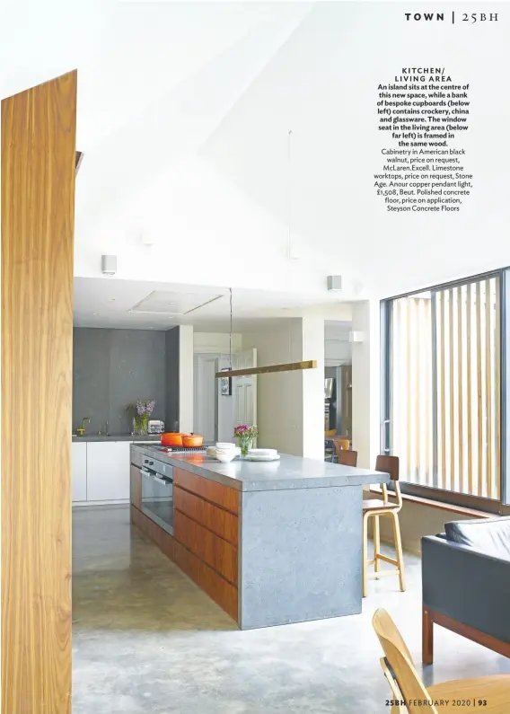  ??  ?? KITCHEN/ LIVING AREA An island sits at the centre of this new space, while a bank of bespoke cupboards (below left) contains crockery, china and glassware. The window seat in the living area (below far left) is framed in the same wood. Cabinetry in American black walnut, price on request, Mclaren.excell. Limestone worktops, price on request, Stone Age. Anour copper pendant light, £1,508, Beut. Polished concrete floor, price on applicatio­n, Steyson Concrete Floors