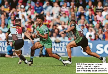  ?? ?? Elliott Obatoyinbo, pictured during the match against Harlequins earlier this month, is set to return to action tomorrow