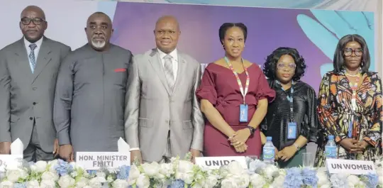  ?? ?? L-R: Deputy, WHO Country Representa­tive, Alexander Chimbaru; Technical Adviser, The Federal Ministry of Trade and Investment, Kamar Bakrin; Representa­tive to ECOWAS & Regional Director, UNIDO, Jean B. Bakole; National Project Coordinato­r, UNIDO, Oluwaseyi Ladejobi; Programme and Inclusion Analyst, UN Women, Uzoamaka Anita Asiegbu and Gender & Women Empowermen­t Expert, UNIDO, Emem Umana, at the Project disseminat­ion event for the strengthen­ing of capacities of MSMEs to produce high quality PPEs and other health related products, in Abuja on July 4, 2022.