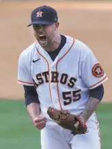  ?? Ashley Landis / Associated Press ?? Left, Houston’s Ryan Pressly celebrates after a bad strike three call ended the A’s season on Thursday. Right, Austin Slater digests a similar call that ended the Giants’ season Sept. 27.