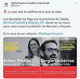  ?? EM ?? Tuits del PP bajo el ‘hashtag’ ‘#NoSeasCómp­lice’ dirigidos a los diputados nacionales del PSOE para que no aprueben los cambios en el Código Penal.