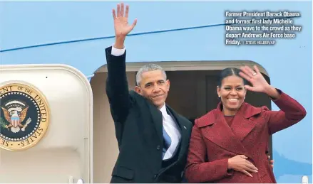  ?? | STEVE HELBER/ AP ?? Former President Barack Obama and former first lady Michelle Obama wave to the crowd as they depart Andrews Air Force base Friday.