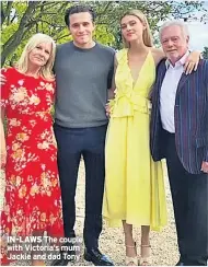  ??  ?? IN-LAWS The couple with Victoria’s mum Jackie and dad Tony
THE LOOK OF LOVE Brooklyn and Nicola got engaged last month