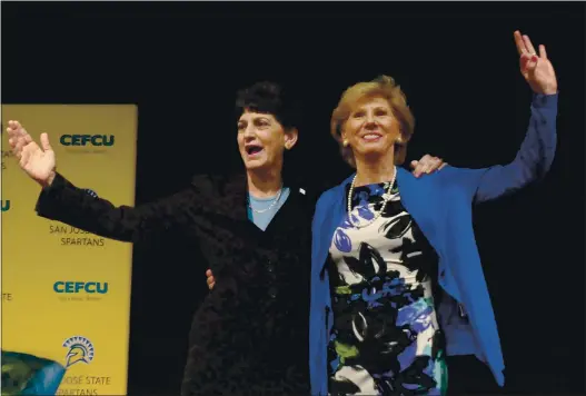  ?? JIM GENSHEIMER — STAFF ARCHIVES ?? San Jose State University President Mary Papazian, left, and Marie Tuite, shown in 2017, are facing a lawsuit from a former deputy athletic director.
