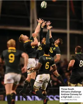  ?? CLODAGH KILCOYNE/REUTERS ?? Three South Africans challenge Andrew Conway for a high ball