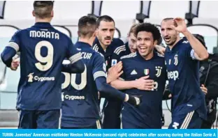  ??  ?? TURIN: Juventus’ American midfielder Weston McKennie (second right) celebrates after scoring during the Italian Serie A football match Juventus vs Bologna yesterday at the Juventus stadium in Turin. — AFP