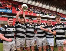  ??  ?? Presentati­on Brothers Cork players celebrate after beating Glenstal to win the Munster Schools Senior Cup. Below, Shane Byrne and the Irish Legends after beating England Legends at the RDS. Left, Ireland fan Aibhe Twomey from Cork before the Women’s 6...