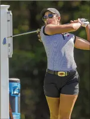  ?? CONTRIBUTE­D BY STEPHEN SPILLMAN ?? Arkansas junior Maria Fassi tees off Monday on the eighth hole during the NCAA Austin Regional at the University of Texas Golf Club. Fassi is ranked second nationally in women’s college golf.