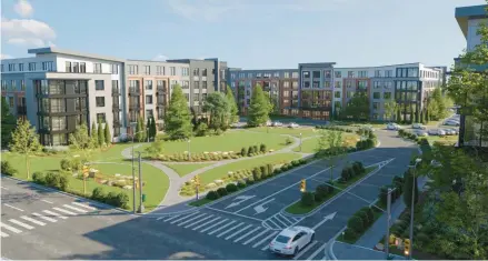  ?? ?? ABOVE: A rendering shows how a community green off Trout Brook Drive could look in a redevelopm­ent of the former University of Connecticu­t campus in West Hartford.