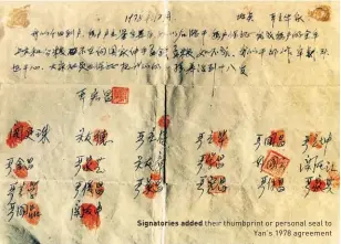 ??  ?? Signatorie­s added their thumbprint or personal seal to Yan’s 1978 agreement
