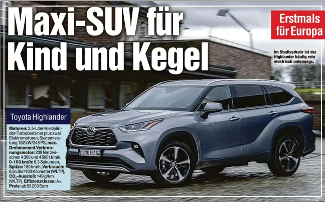  ??  ?? Im Stadtverke­hr ist der Highlander häufig rein elektrisch unterwegs.