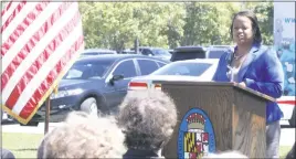  ??  ?? County Commission­ers’ Vice President Amanda Stewart speaks on the benefits of a mobile library coming to Charles County before the unveiling of the mobile library in from of the County Administra­tion building on Tuesday.