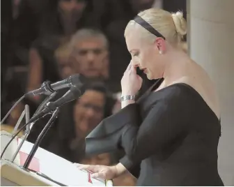  ?? AP PHOTOS ?? ‘AMERICAN GREATNESS’: Meghan McCain, above, speaks at a memorial service for her father, Sen. John McCain (R-Ariz.), at Washington National Cathedral in Washington, D.C., yesterday. McCain died Aug. 25 from brain cancer at age 81.